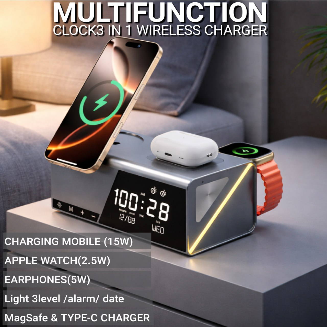 شارژر 3 کاره به همراه ساعت دیجیتال